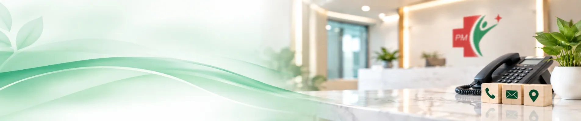 Clinic reception desk with phone, email and location icons